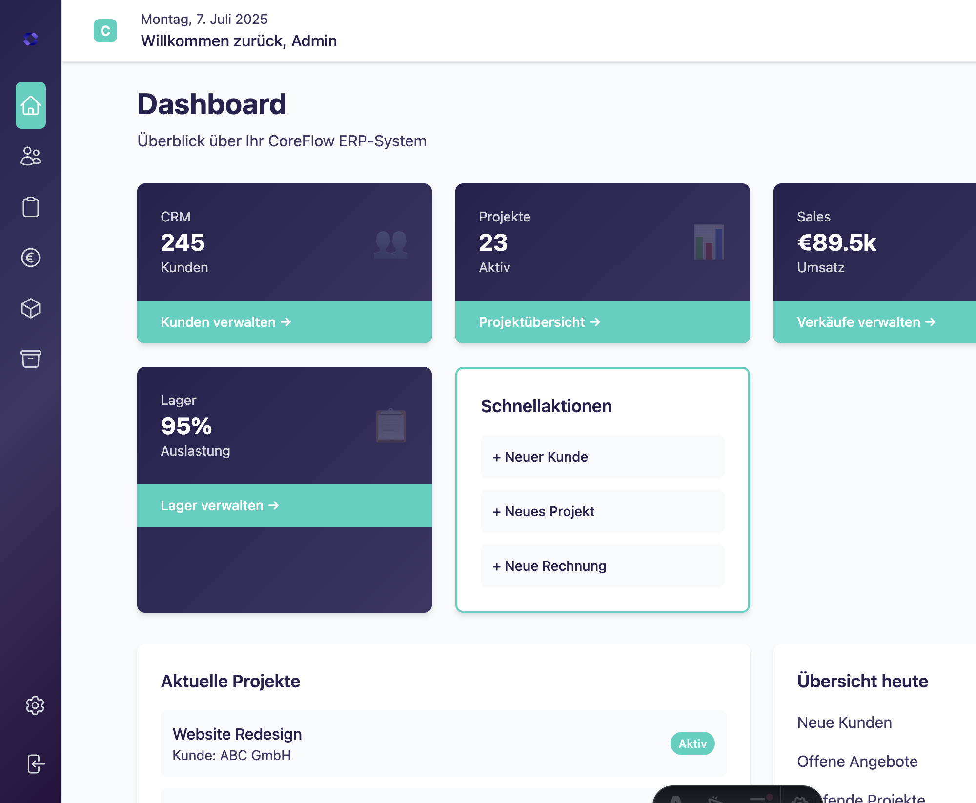 CoreFlow ERP Dashboard Screenshot